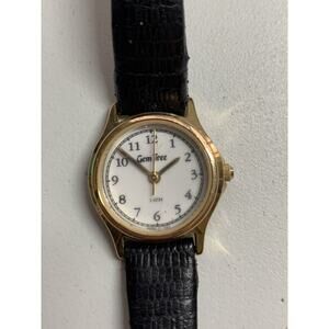 White Dial Gold Tone Bezel Round Case Black Leather Band Watch Missing Back